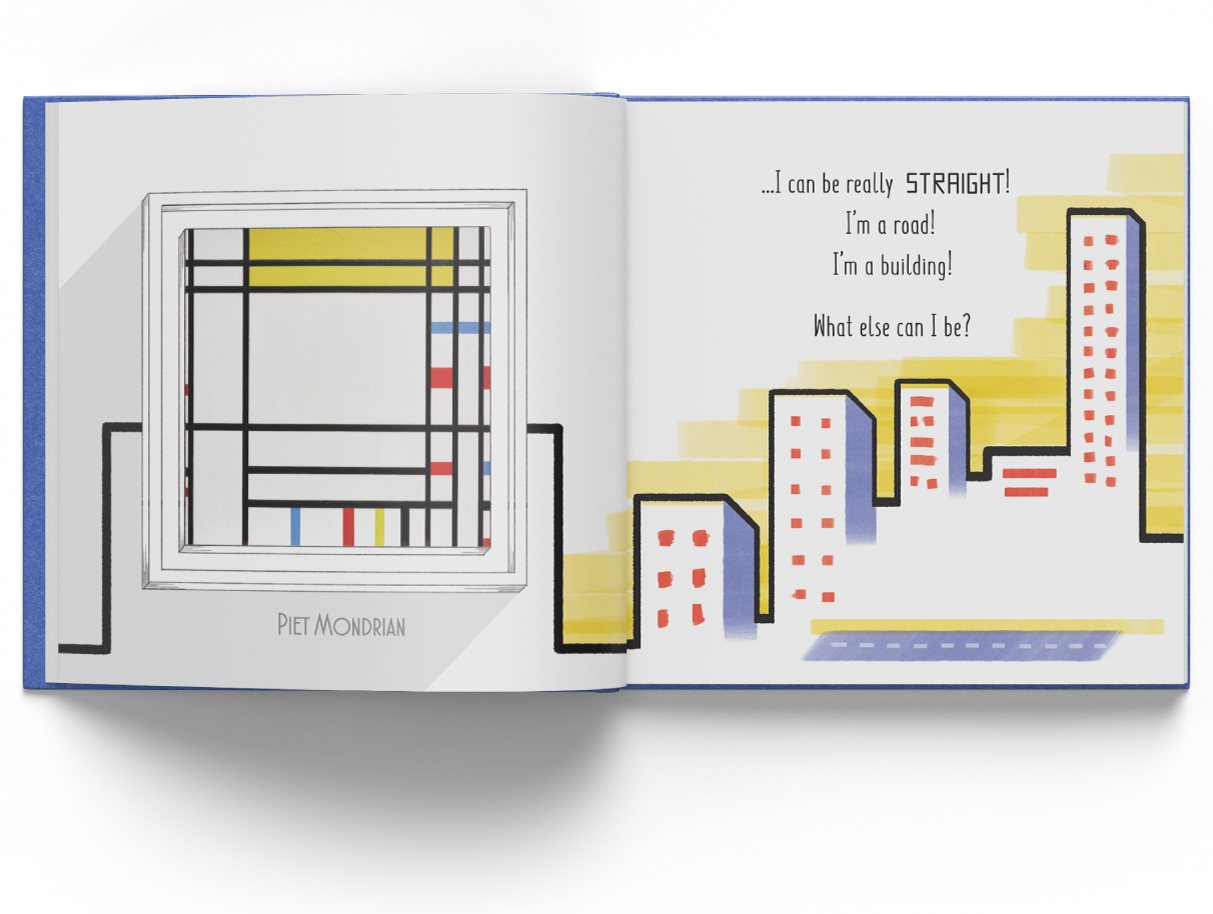 Book spread with Mondrian and a city of straight lines